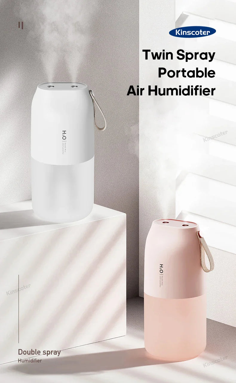 KINSCOTER Portable Double Mist Air Humidifier – 300ml Cold Mist Diffuser, 2000mAh Car Air Purifier & USB Mini Air Freshener