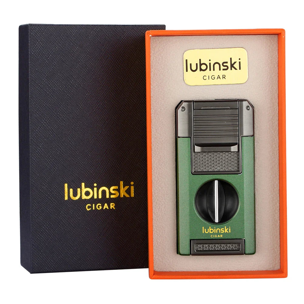 LUBINSKI 2-Torch Cigar Lighter – Metal Butane Gas Lighter with V-Cutter, Punch, and Needle Dredge for Cigar
