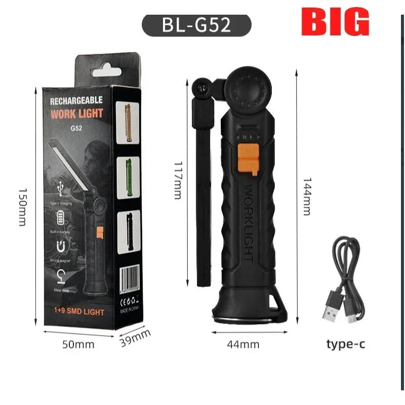 Portable COB LED Work Light - USB Rechargeable Magnetic Flashlight Camping Lantern with Hanging Hook