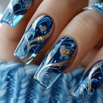 24pcs Blue Golden Stripe Press-On Nails Shiny Powder Long Square Full Cover False Nail Tips Wearable Love Design