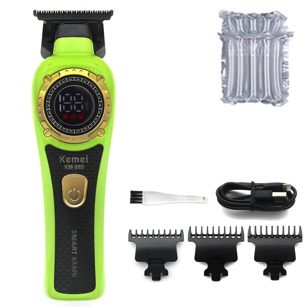 Kemei KM-999 Hair Trimmer for Men – DLC T-Blade, Zero Gapped, LED Display, Cordless USB Professional Hair Clipper