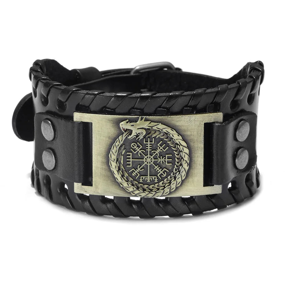 Totem Design Wide Leather Pirate Compass Bracelet - Men's Celtic Viking Jewelry, Party Gift Accessories