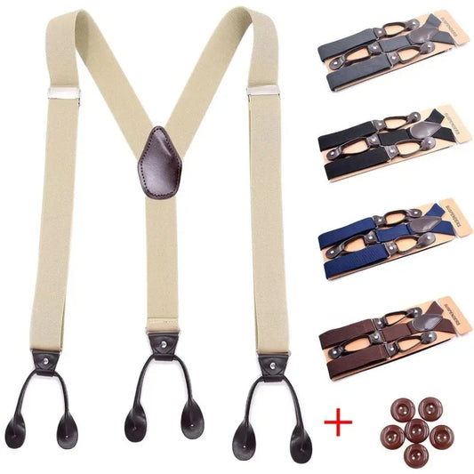 Vintage Leather Trimmed Suspenders for Men & Women | Button End Y-Back | Adjustable Elastic Trouser Braces Straps for Wedding Party