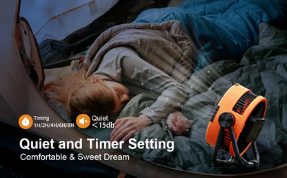 Camping Fan 20000mAh – Rechargeable Portable Outdoor Tent Fan with Air Circulator, Wireless Ceiling Fan, Hook, and Light