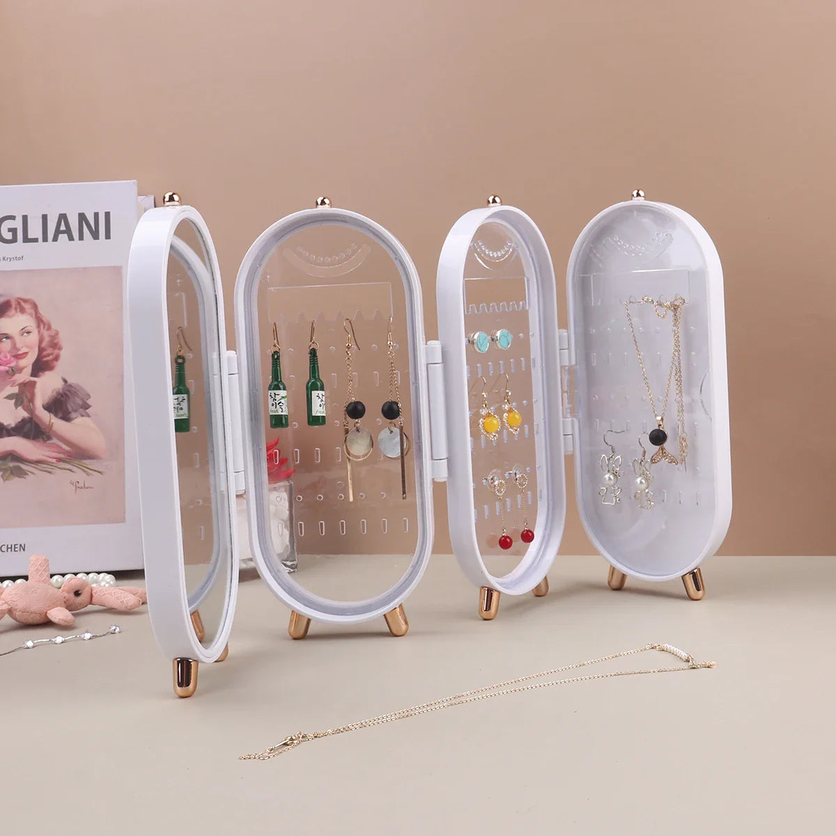 Foldable Jewelry Box Organizer with Mirror: Plastic Storage Container for Women - Desk Storage Rack for Earrings, Necklaces, Rings, and More