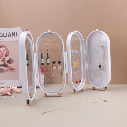 Foldable Jewelry Box Organizer with Mirror: Plastic Storage Container for Women - Desk Storage Rack for Earrings, Necklaces, Rings, and More