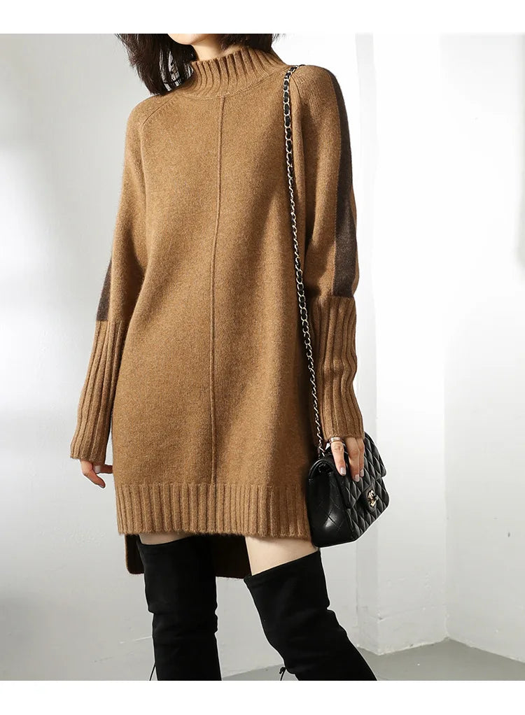 Turtleneck Knitted Sweater for Women – Autumn/Winter Warm Thick Pullovers, Wool Knit Crochet Y2K Split Jumper Cardigan