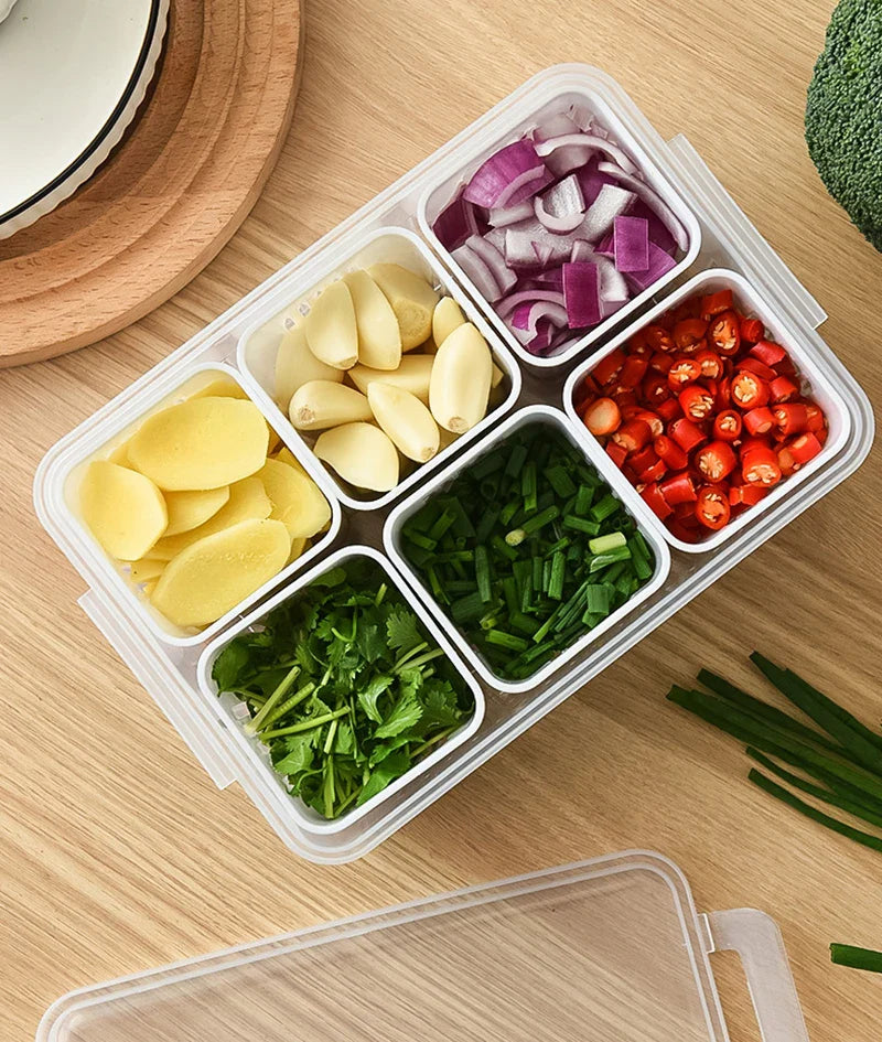 Refrigerator Storage Box – 4/6 Grid Clear Crisper for Fruits, Vegetables & Meat