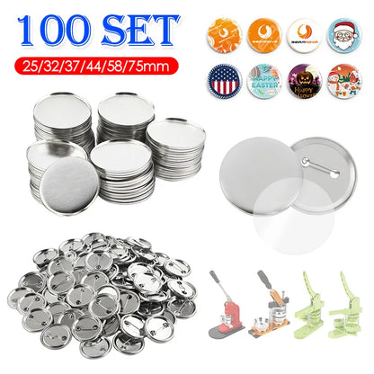 100 Sets Round Badge Pin Button Maker Machine - 25/32/37/44/58MM, DIY Punch Press Machine, Manual Badge Parts Consumables
