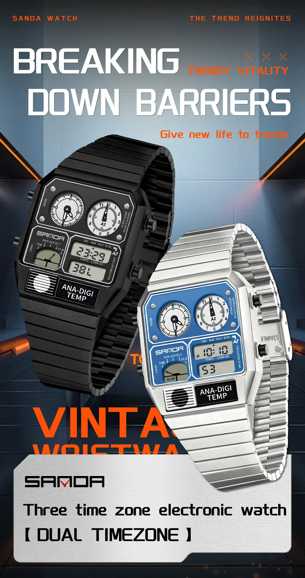 SANDA 3192 Men’s LED Square Watch — Youth Casual Multi-Function Stopwatch Thermometer Chronograph