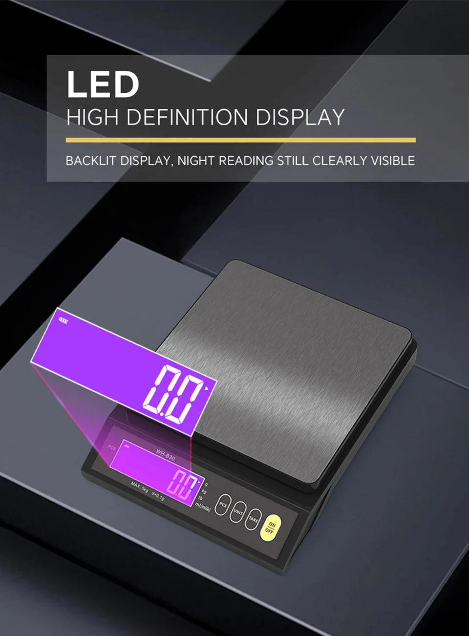 5kg/0.1g and 10kg/1g Digital Electronic Kitchen Scale, LCD Display, Fully Waterproof Stainless Steel Weighing Tool for Baking