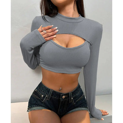 Mia Muse Women's Autumn T-Shirts – Trendy Plain Hollow-Out Cropped Long Sleeve Crew Neck, High Street Fashion