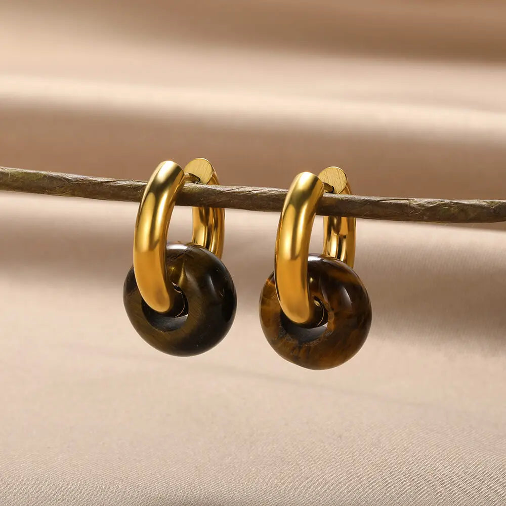Leopard Bead Opal Stainless Steel Hoop Earrings — Gold Color, Anti-Fading Wedding & Prom Jewelry for Women, Gift Accessory