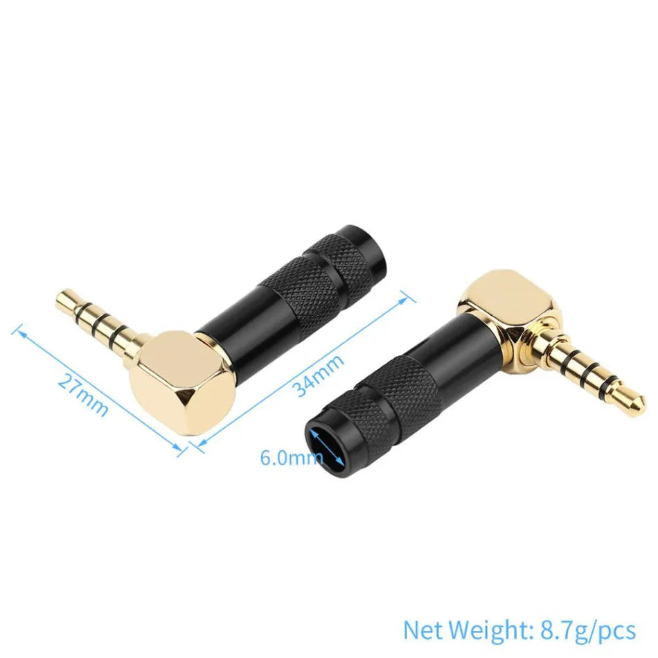 3.5mm 90° Right Angle Audio Adapter Plug – Gold Soldered Earphone Connector, 1/8" 3/4 Pole Headphone Jack