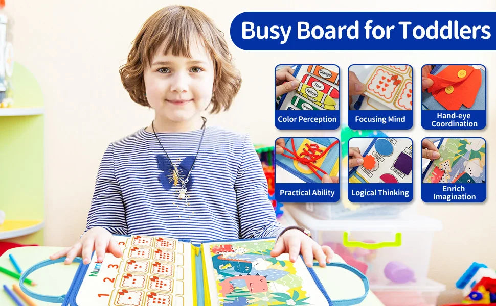 TUNJILOOL Montessori Busy Board – Early Educational Toy for Toddlers, Felt Cloth Story Book, 3D Shape & Color Match