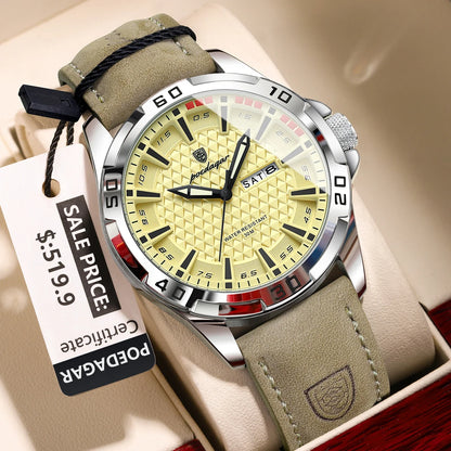 POEDAGAR Men’s Luxury Wristwatch – Waterproof Quartz Sport Watch with Luminous Hands, Date & Week Display, Leather Strap