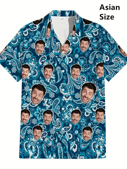 Men’s Custom Face Print Hawaiian Shirt - 3D Beer Design Vintage Y2K Short Sleeve Beach Top