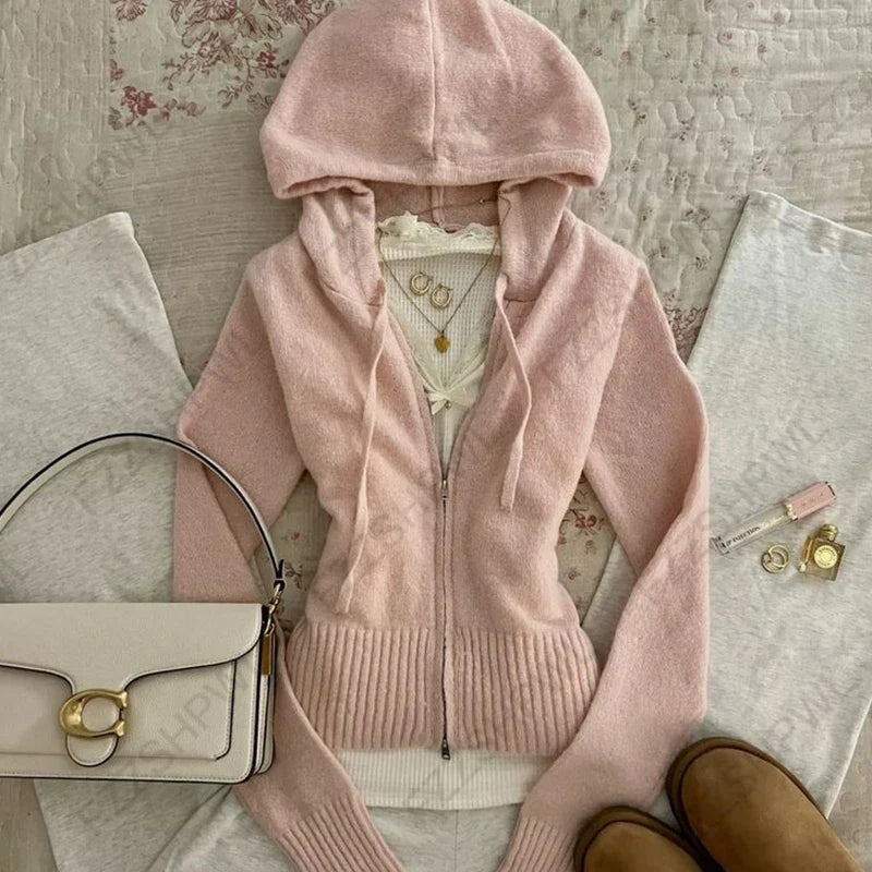 Women’s 2025 Gothic Aesthetic Fur Collar Hoodie Cardigan – Slim Fit Autumn Winter Harajuku Sweatshirt