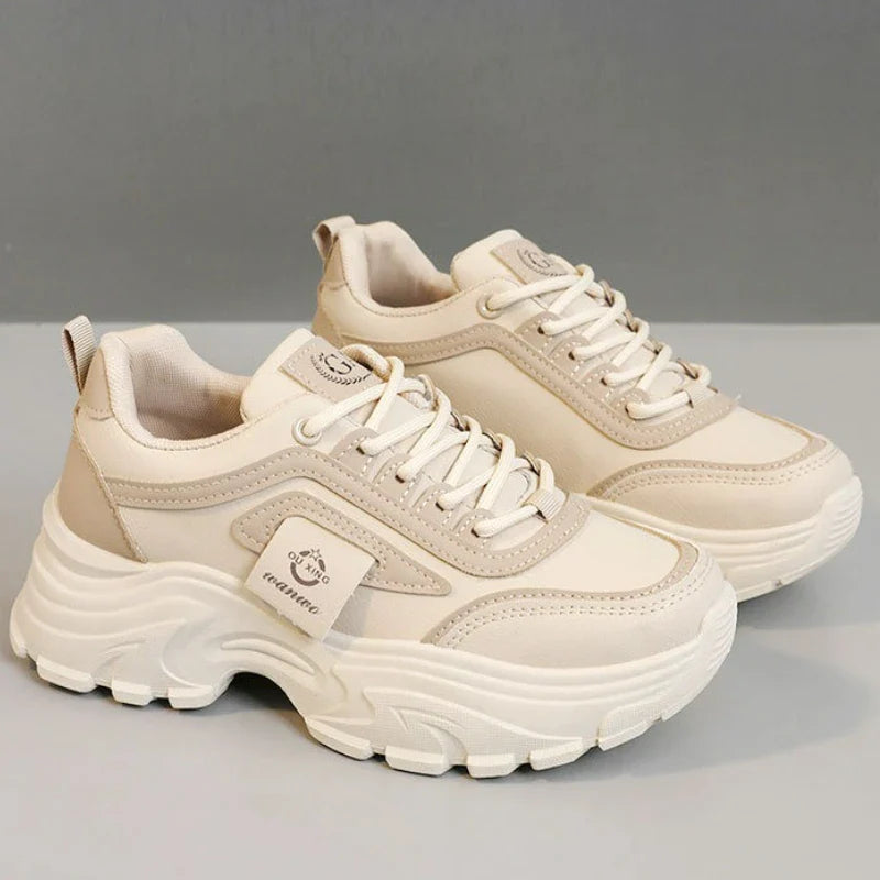 Women’s Leather Sneakers – Height-Increasing Lace-Up Platform Shoes, Casual Outdoor Vulcanized Designer Footwear