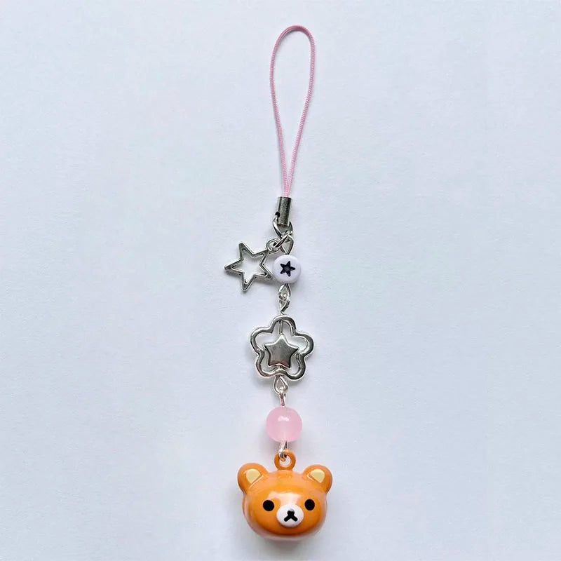 Cute Rilakkuma Bear Bell Phone Charm – Y2K Handmade Star Hanging Chain, Kawaii Beaded Mobile Pendant, Keychain & Cardbook Decoration