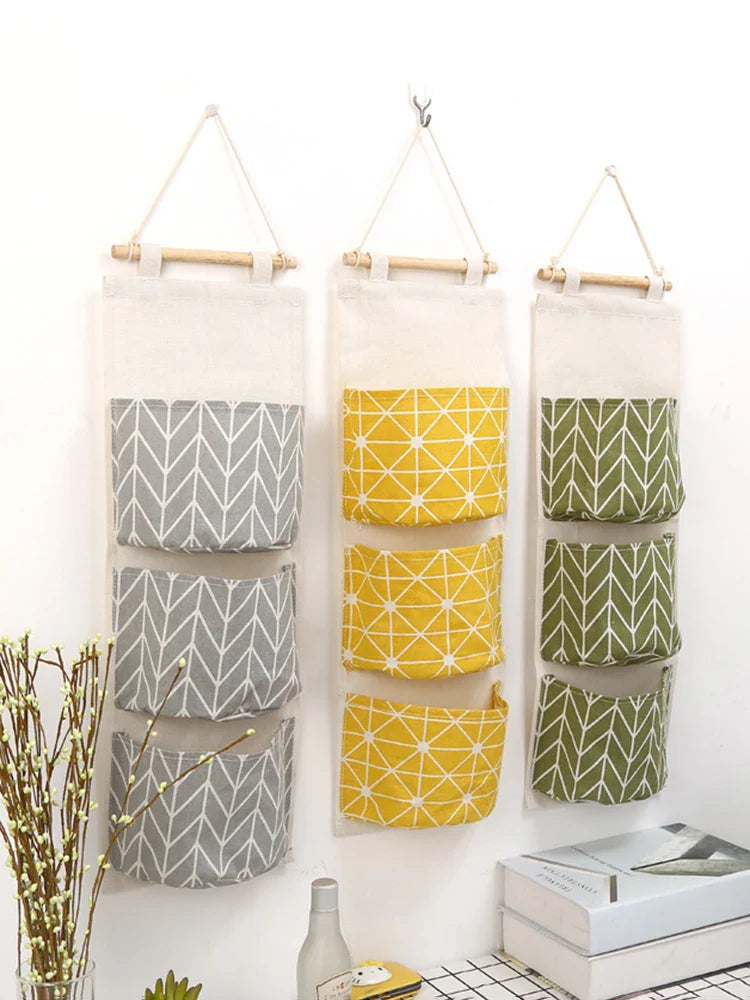 Three-Pocket Hanging Wall Storage Bag – Cotton Linen Organizer for Bedroom, Living Room & Kitchen