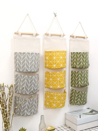 Three-Pocket Hanging Wall Storage Bag – Cotton Linen Organizer for Bedroom, Living Room & Kitchen