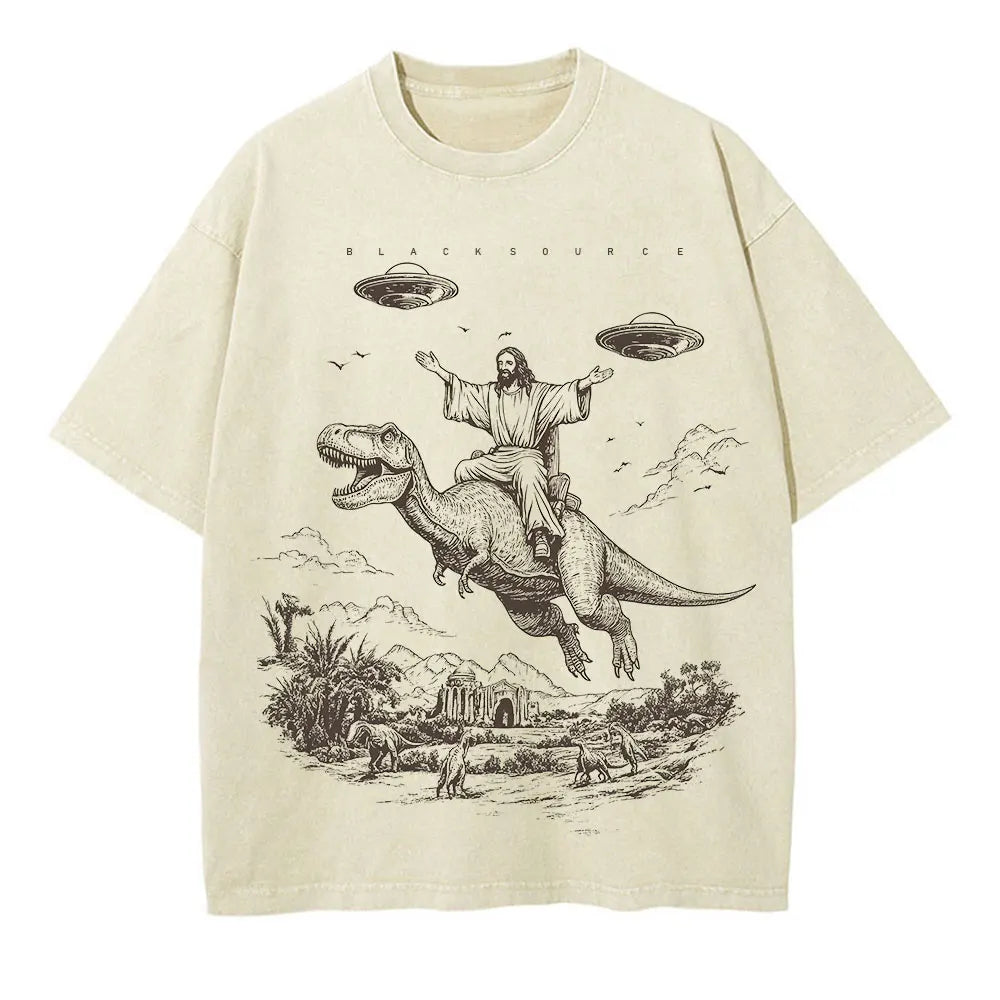 Cartoon Dinosaur Print T-Shirt - Vintage Washed Distressed Unisex Fashion Tee for Women Students and Casual Wear