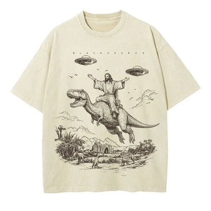 Cartoon Dinosaur Print T-Shirt - Vintage Washed Distressed Unisex Fashion Tee for Women Students and Casual Wear