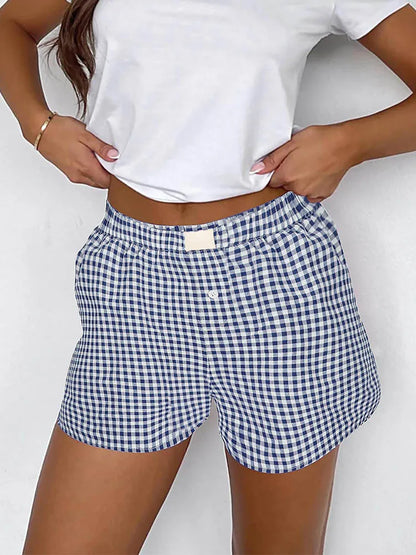 Women’s Teen Girls Elastic Waist Pull-On Red & Blue Plaid Casual Lounge Summer Shorts