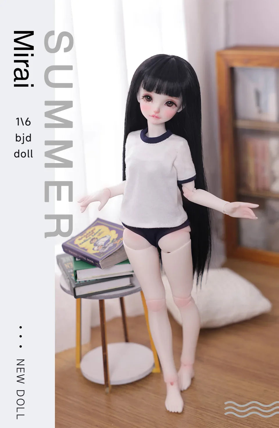 Shuga Fairy Mirai 1/5 BJD Doll with Ruoguan Body, Long Black Hair, Juvenile Features, Resin Joint Doll for Collectors