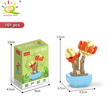 HUIQIBAO MOC Flower & Succulent Potted Building Block Set – DIY Eternal Bouquet, Home Desk Plant Decor, Girls & Kids Toy Gift