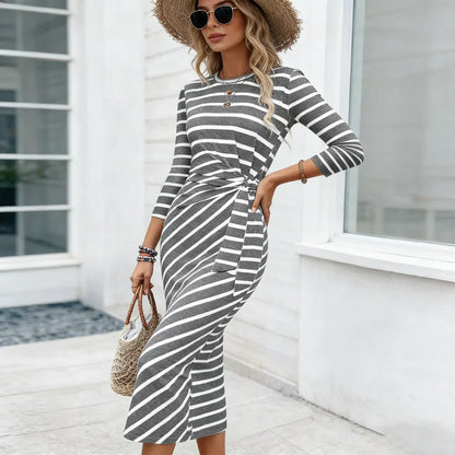 Women’s 2026 European American Stripe Print Dress – Crew Neck Lace-Up Tunic Loose Fit Fashionable Dress