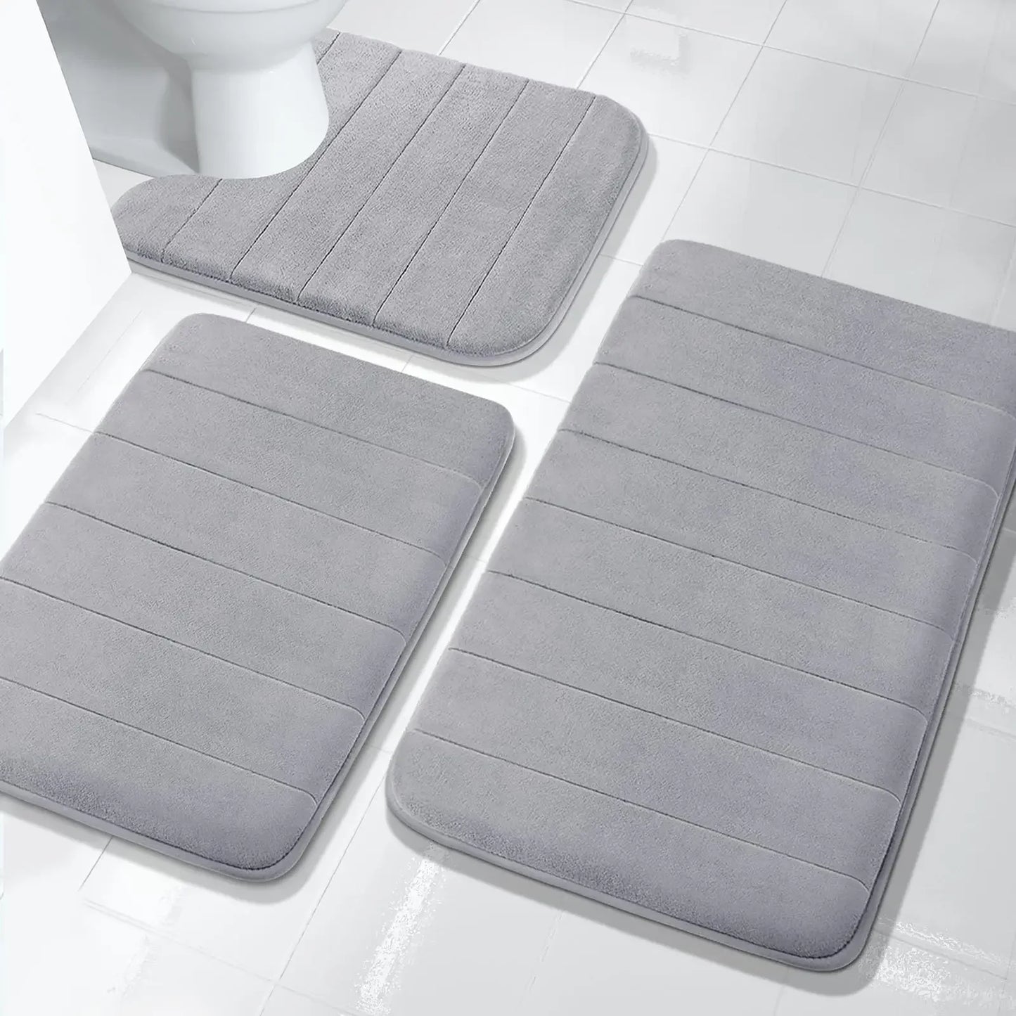 Non-Slip Grey Memory Foam Bath Mat Set – Soft, Water Absorbent, Quick-Drying, Machine Washable Bathroom Rugs for Home Floor