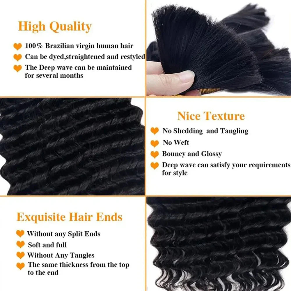 Bulk Braiding Hair - 100% Human Deep Wave Hair, Unprocessed No Weft, Boho Braids, Brazilian Remy Hair Extensions