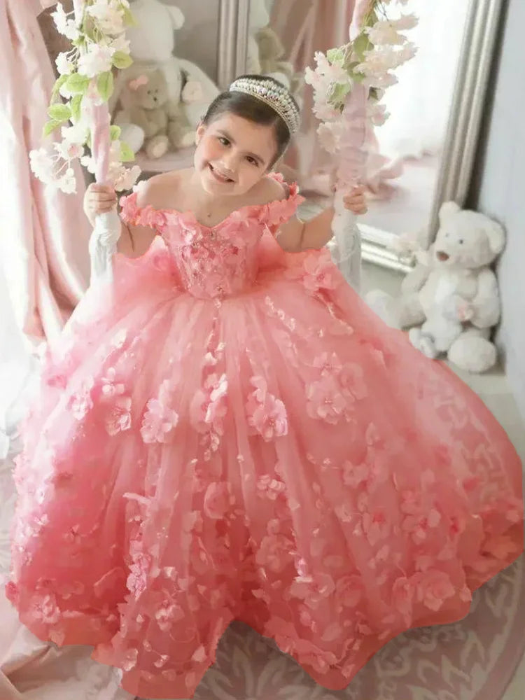 Pink Flower Girl Dress - 3D Floral Applique Pearl Tulle Gown for Weddings & Parties