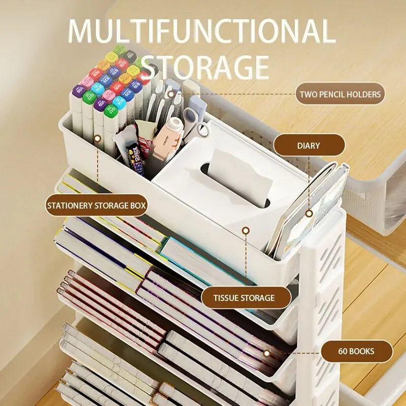 Floor Mounted Movable Bookshelf with Wheels - Classroom Desk Storage Rack with Large Capacity, Multi-Layer Book Storage Rack