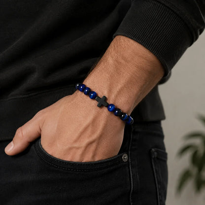 Natural Stone & Wood Bead Rosary Bracelet - Hematite Cross Meditation & Yoga Jewelry for Men & Women