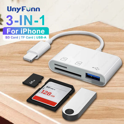 3-in-1 SD/TF Card Reader – USB-A OTG Adapter & Camera Converter for iPhone 14/13/12/11 Pro Max, XR, XS