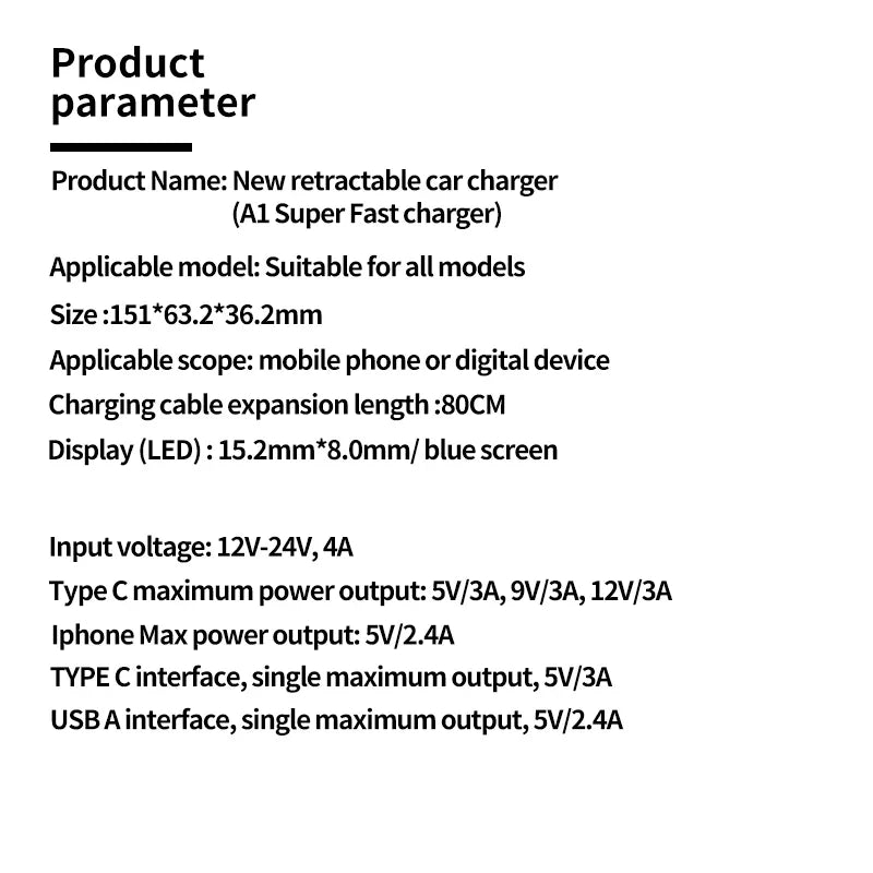 120W Car Charger | 4-in-1 Retractable Cigarette Lighter Adapter with USB Type-C Fast Charging Cable for iPhone & Android
