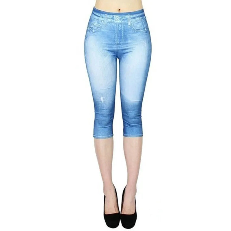 Women's Faux Denim Print Leggings - High-Waisted Stretch Cropped Pants for Casual & Outdoor Wear