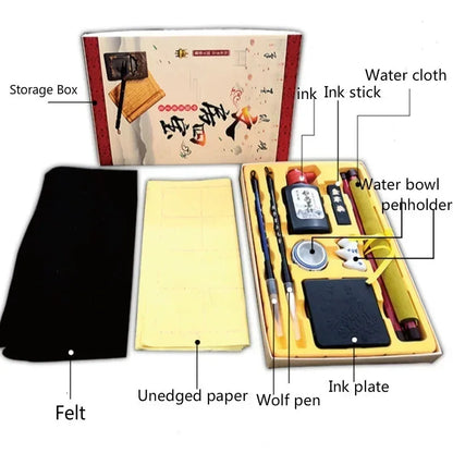 10PCS Calligraphy Set for Kids – Scholar's Four Treasures with Brushes, Ink, Copybook & Paper Art Gift