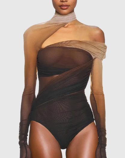 Sexy Off-Shoulder Mesh Jumpsuit Top – Slant Breasted, Hollowed-Out, Gradient See-Through Base Shirt