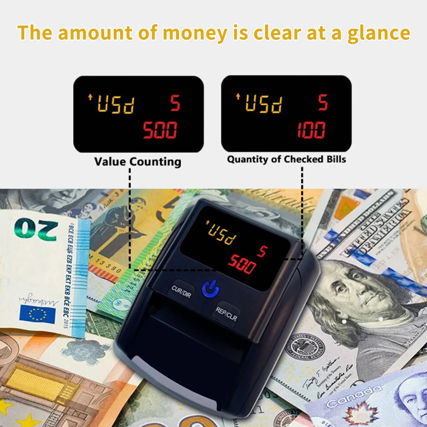Automatic Money Counter & Counterfeit Bill Detector – UV, MG, IR Detection for EURO & US Dollar, Paper Size & Thickness Detection
