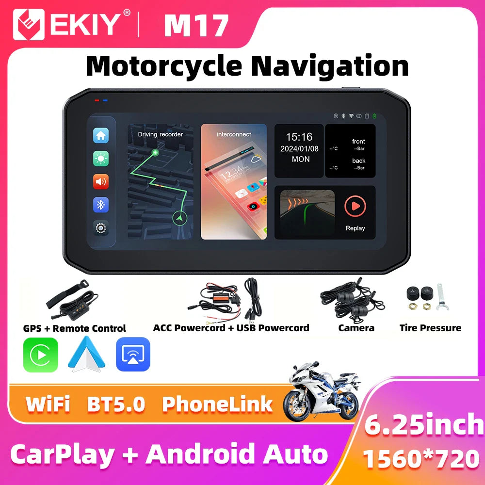 EKIY 6.25" Wireless CarPlay Motorcycle Display – Android Auto GPS Navigation Screen with TPMS Monitoring Portable Dashboard Unit