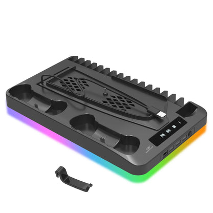 GAMINJA P58 RGB Cooling Stand for PS5 Slim – Console Charging Dock with Gamepad Charger, Headset Hook & Game Disc Storage Rack for Disc & Digital Edition