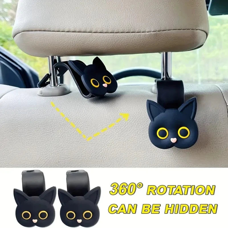 3D Cartoon Cat Car Headrest Hooks - 2-Piece Universal Vehicle Organizer for Bags, Purses & Coats