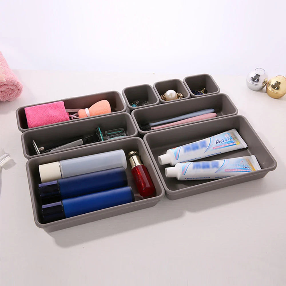 8Pcs Adjustable Drawer Organizer Set – Multi-Purpose Storage Trays for Makeup, Cosmetics, Jewelry, Kitchen & Bathroom Dividers