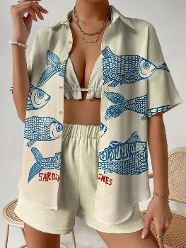 Women’s Summer 2-Piece Set – Lapel Short-Sleeve Shirt & Shorts, Elegant Loose Printed Outfit
