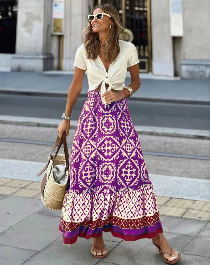 Women’s Boho Printed Midi Swing Skirt – Elastic Waist Spliced A-Line Beach & Casual Daily Wear Skirt