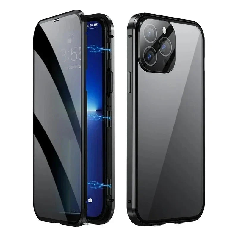 360° Full Protection Metal Magnetic Double-Sided Glass Case for iPhone 17 16 15 14 13 12 Pro Max Plus 17E 16E - Snap Lock Privacy Protective Cover